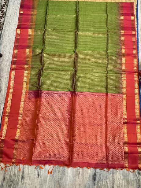Pure Kanchipuram Silk Saree in Olive Green &amp; Crimson Red with Silk Mark Certification