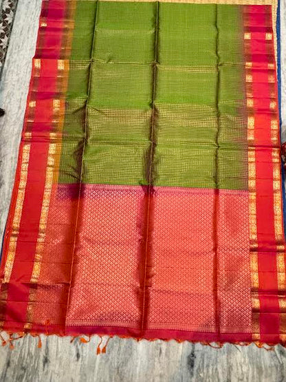 Pure Kanchipuram Silk Saree in Olive Green &amp; Crimson Red with Silk Mark Certification