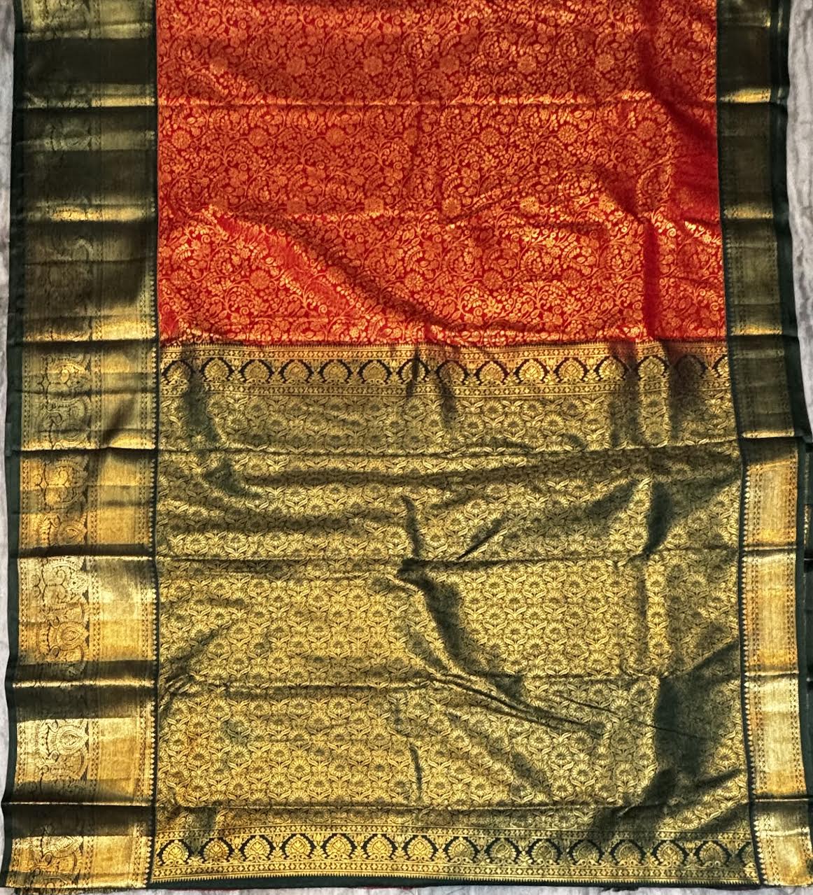 Orange Semi Dharmavaram Silk Saree with Bottle green Rich Zari Pallu &amp; Border