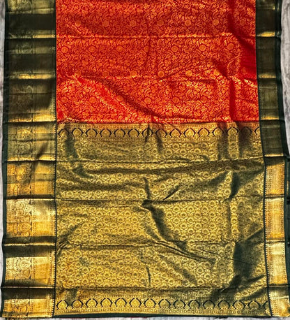 Orange Semi Dharmavaram Silk Saree with Bottle green Rich Zari Pallu &amp; Border