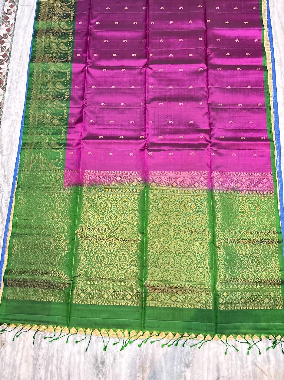 Magenta Pink Silk Saree with Contrast Emerald Green Gold Zari Woven Border With Silk Mark