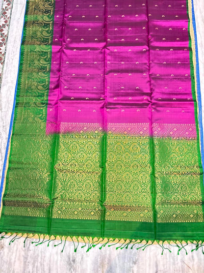 Magenta Pink Silk Saree with Contrast Emerald Green Gold Zari Woven Border With Silk Mark