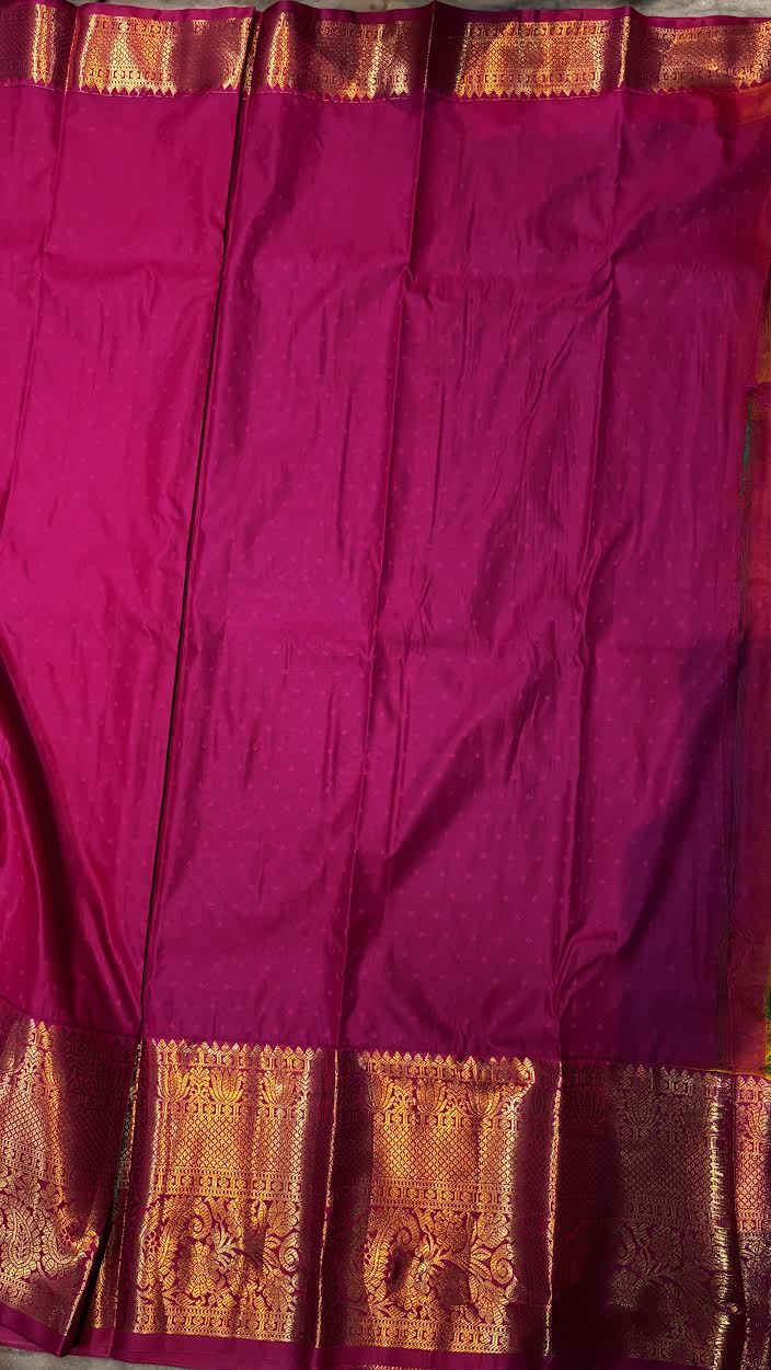 Green Semi Dharmavaram Silk Saree with Mejenta Pink Rich Zari Pallu &amp; Border