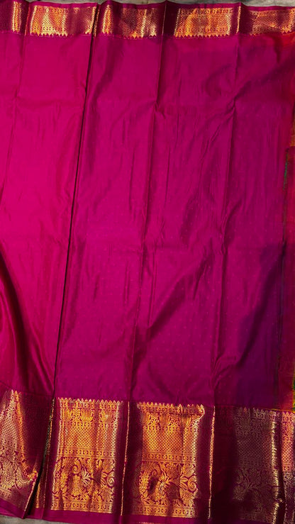 Green Semi Dharmavaram Silk Saree with Mejenta Pink Rich Zari Pallu &amp; Border