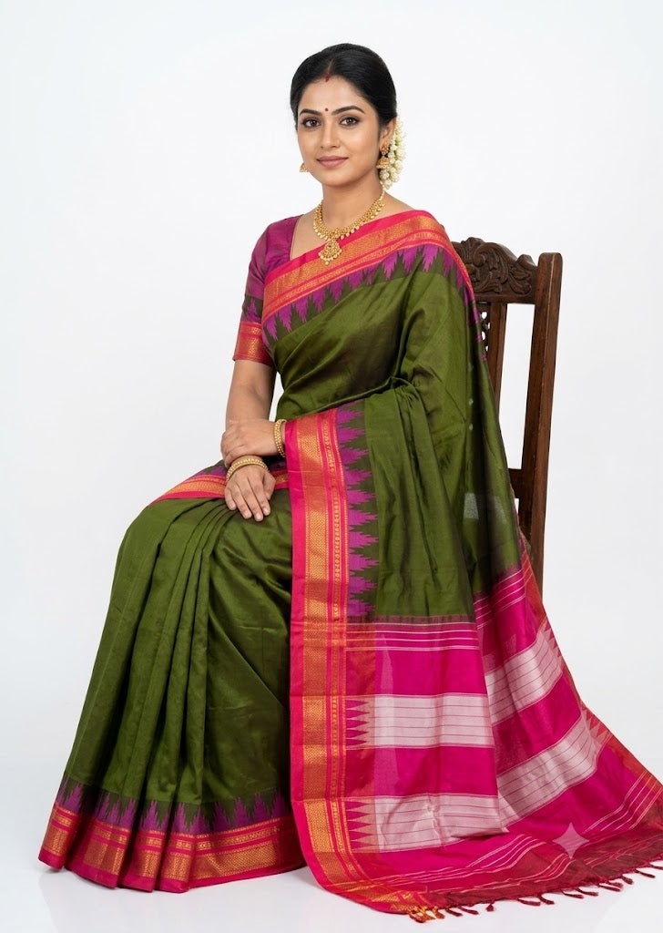 Olive Green Gadwal Silk Saree with Magenta Pink Pallu &amp; Temple Border