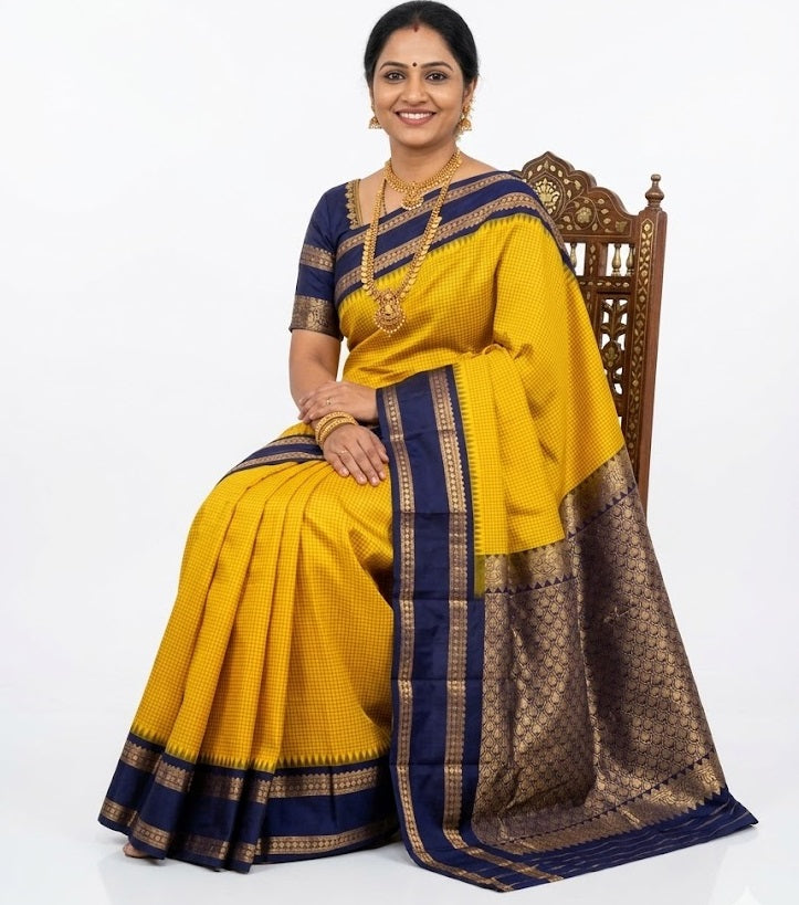 Authentic Gadwal Silk Saree in Mustard Yellow and Navy Blue