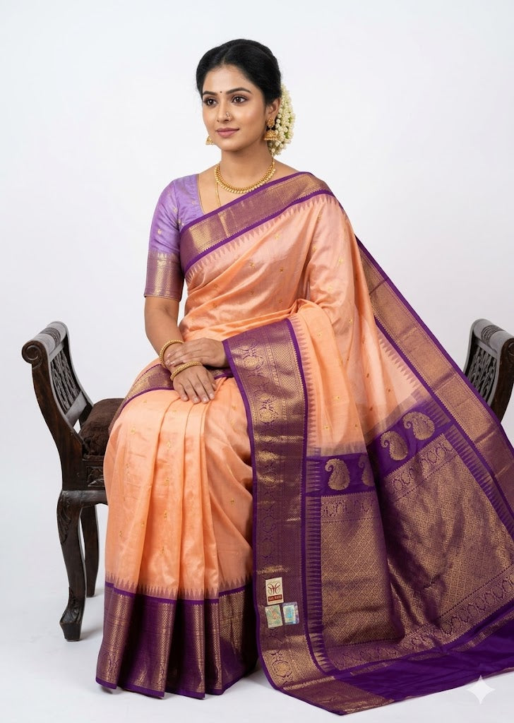 Elegant Peach and Lavender Gadwal Silk Saree with Zari Border - pochampallysarees.com