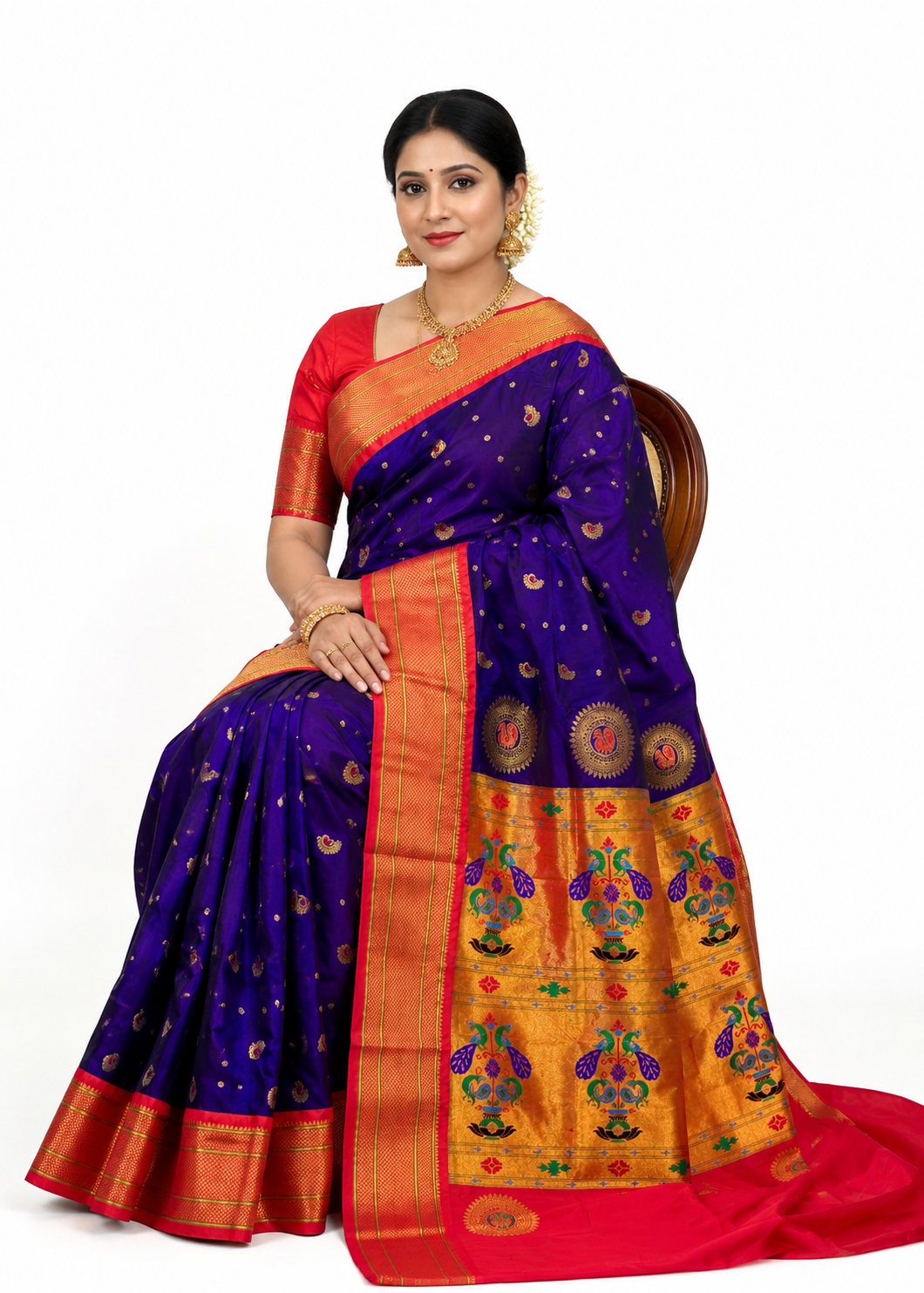 Royal Gadwal Silk Saree in Purple with Rich Gold Zari Border &amp; Contrast Red Blouse