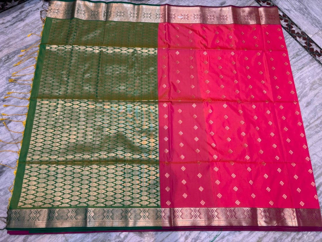 Title Pure Dharmavaram Silk Saree - Vibrant Pink &amp; Green with Zari Work - pochampallysarees.com