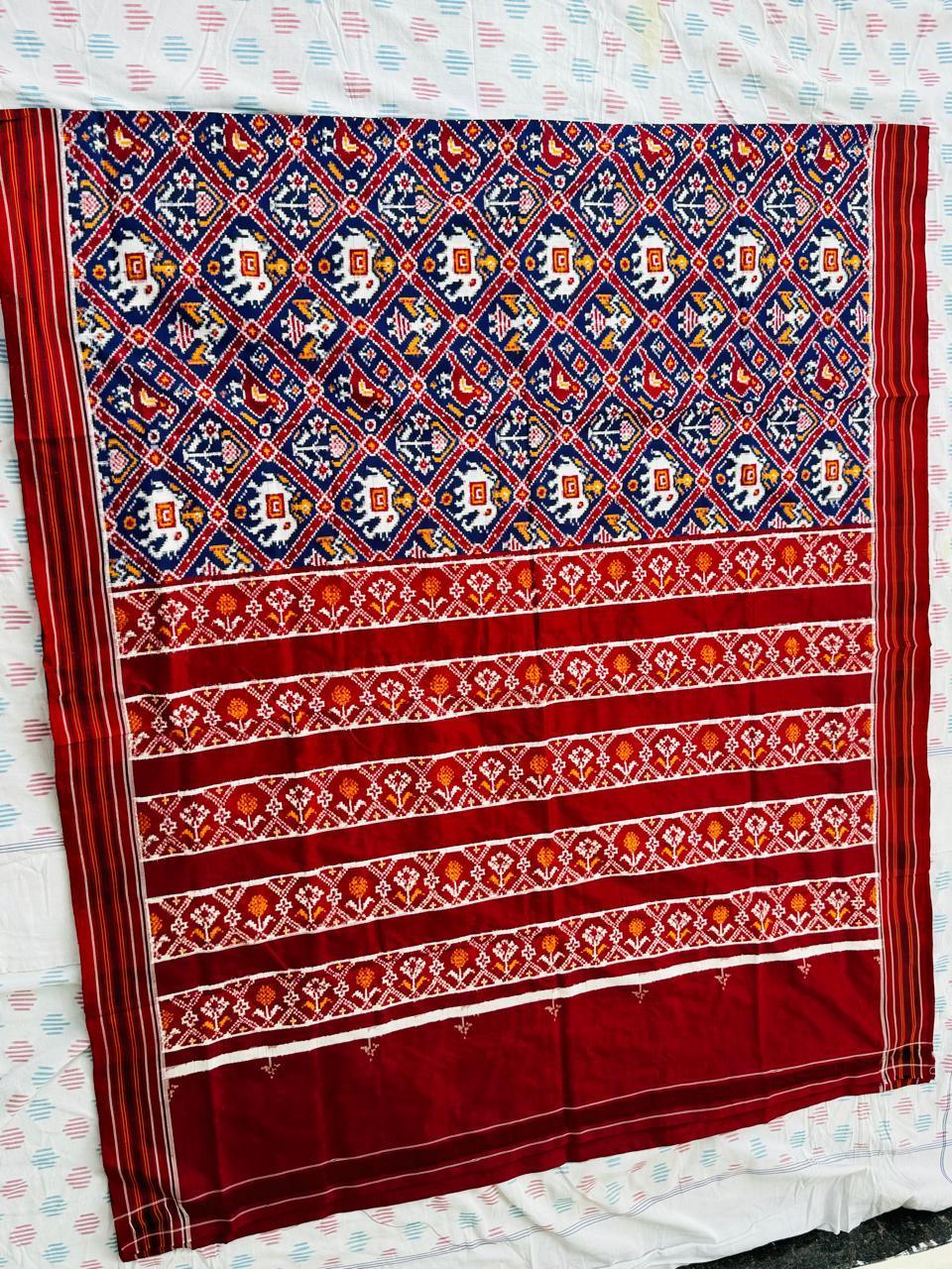 Pure Double Ikat Patola Silk Saree - Navy Blue &amp; Maroon - pochampallysarees.com