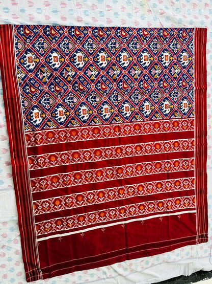 Pure Double Ikat Patola Silk Saree - Navy Blue &amp; Maroon - pochampallysarees.com