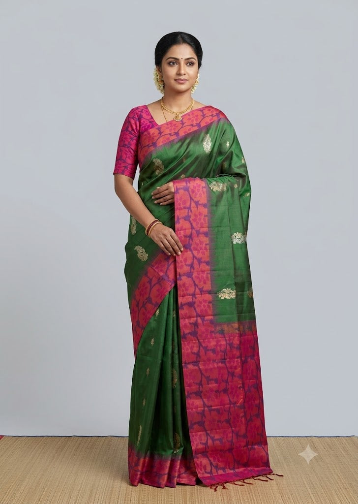 Kanchi Soft Silk Saree in Olive Green with Floral Jamdani Weave Border &amp; Golden Mango Buttas