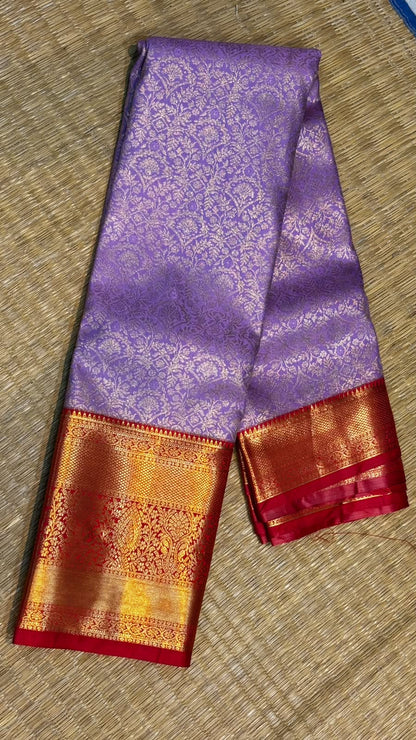 Beautiful Traditional Semi Dharmavaram Silk Saree in Lavender &amp; Red