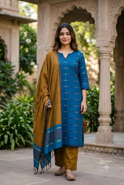 Pochampally Ikkat Poly Cotton Unstitched Dress Material with Dupatta (3-Piece Set)
