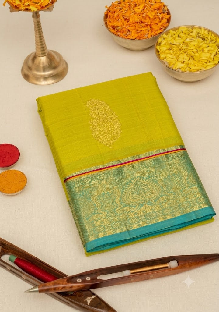 Authentic Green Kanchipuram Pattu Silk Saree with Teal Border