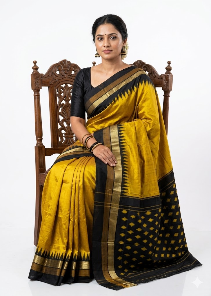 Striking Golden Yellow & Black Temple Border Ikkat Silk Saree