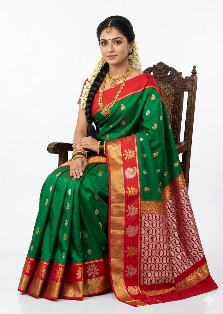 Elegant Green & Red Kuppadam Pattu Saree - pochampallysarees.com