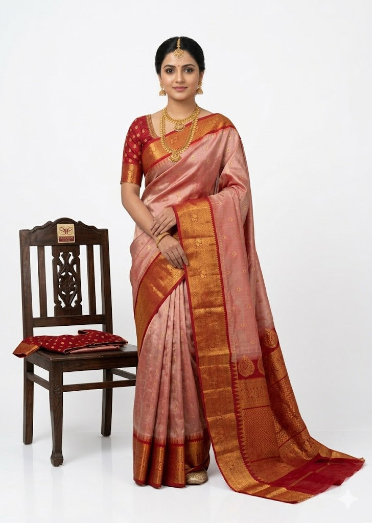 Pure Gadwal Silk Saree in Light Red Metallic Hue with Crimson Red Zari Pallu - pochampallysarees.com