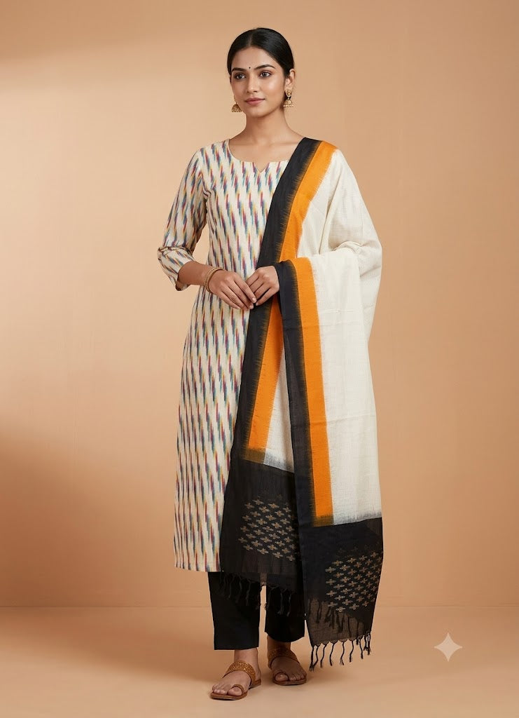 DOUBLE IKAT COTTON WHITE WITH BLACK COLOR DRESS MATERIAL -C5