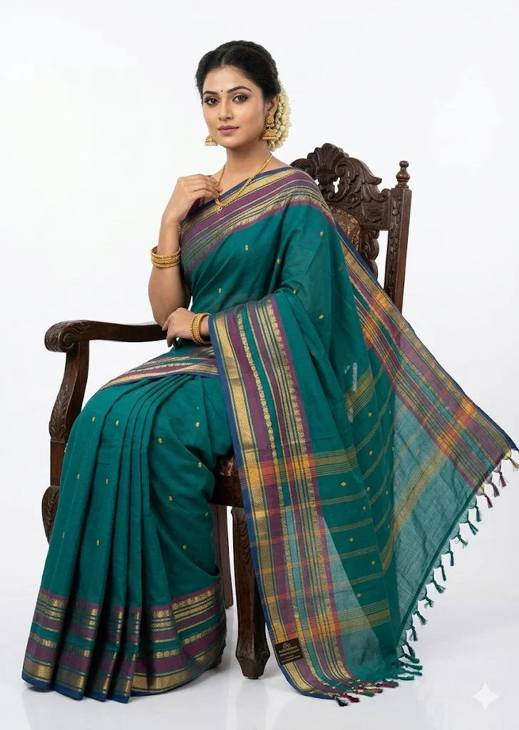 pure-narayanpet-cotton-butti-saree-teal-green - pochampallysarees.com