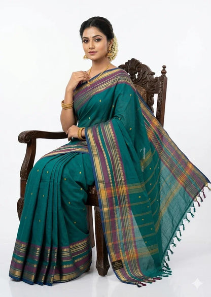 pure-narayanpet-cotton-butti-saree-teal-green - pochampallysarees.com