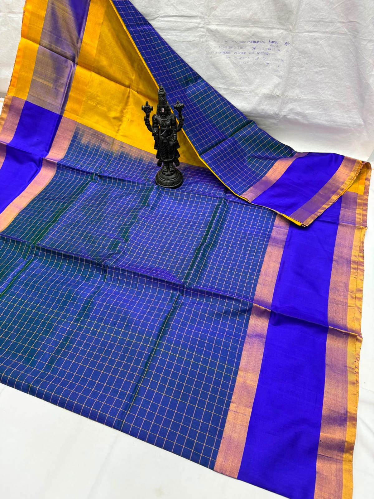 Vibrant Yellow &amp; Royal Blue Checkered Uppada Pattu Saree