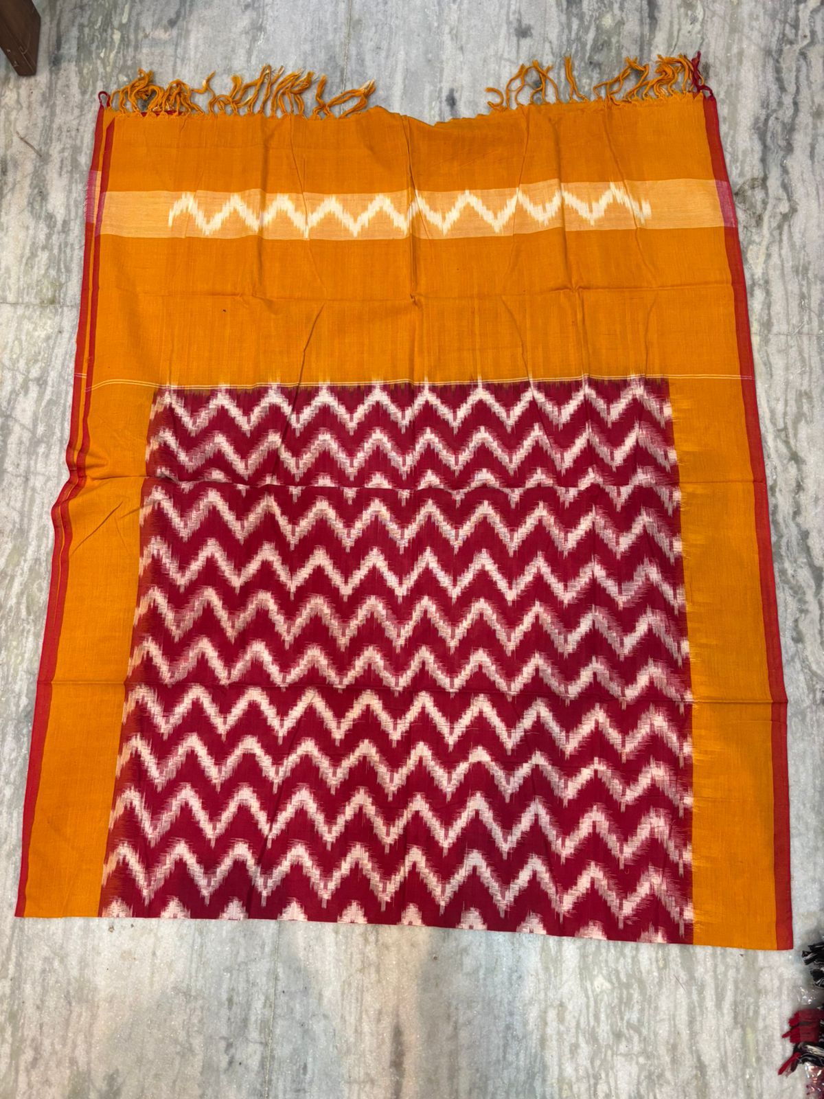 POCHAMPALLY DOUBLE IKAT COTTON RED WITH YELLOW COLOR DRESS MATERIAL-A09