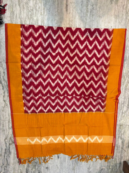 POCHAMPALLY DOUBLE IKAT COTTON RED WITH YELLOW COLOR DRESS MATERIAL-A09