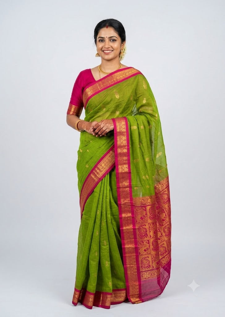 Light Green Gadwal Cotton Saree with Pink Border (Without Blouse) gc6