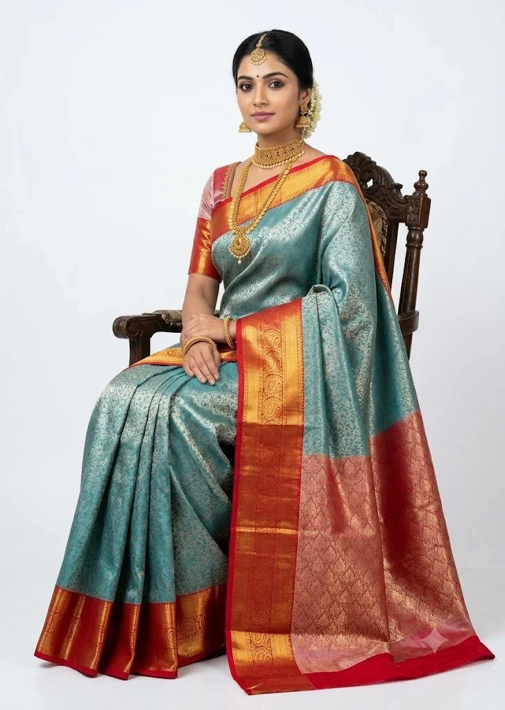 Dharmavaram Pattu Silk Saree – Sea Green Blue with Royal Red Pallu & Golden Zari - pochampallysarees.com