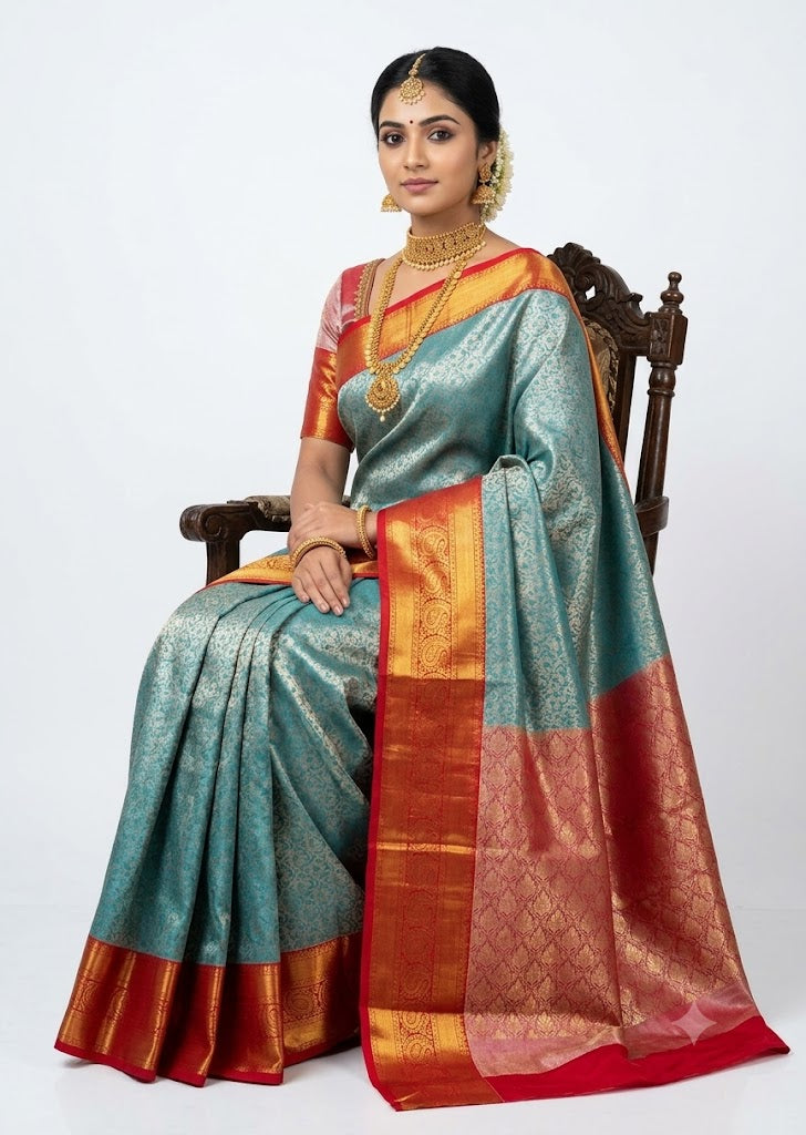 Dharmavaram Pattu Silk Saree – Sea Green Blue with Royal Red Pallu &amp; Golden Zari