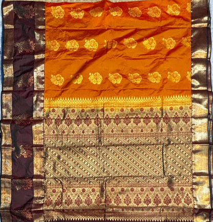 Mustard Rust &amp; Deep Wine Semi Dharmavaram Silk Saree with Floral Buttas and Zari Pallu