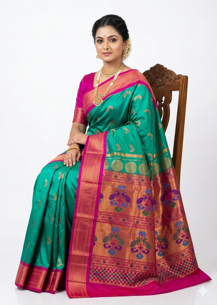 Authentic Teal Green Gadwal Silk Saree with Magenta Peacock Pallu - pochampallysarees.com