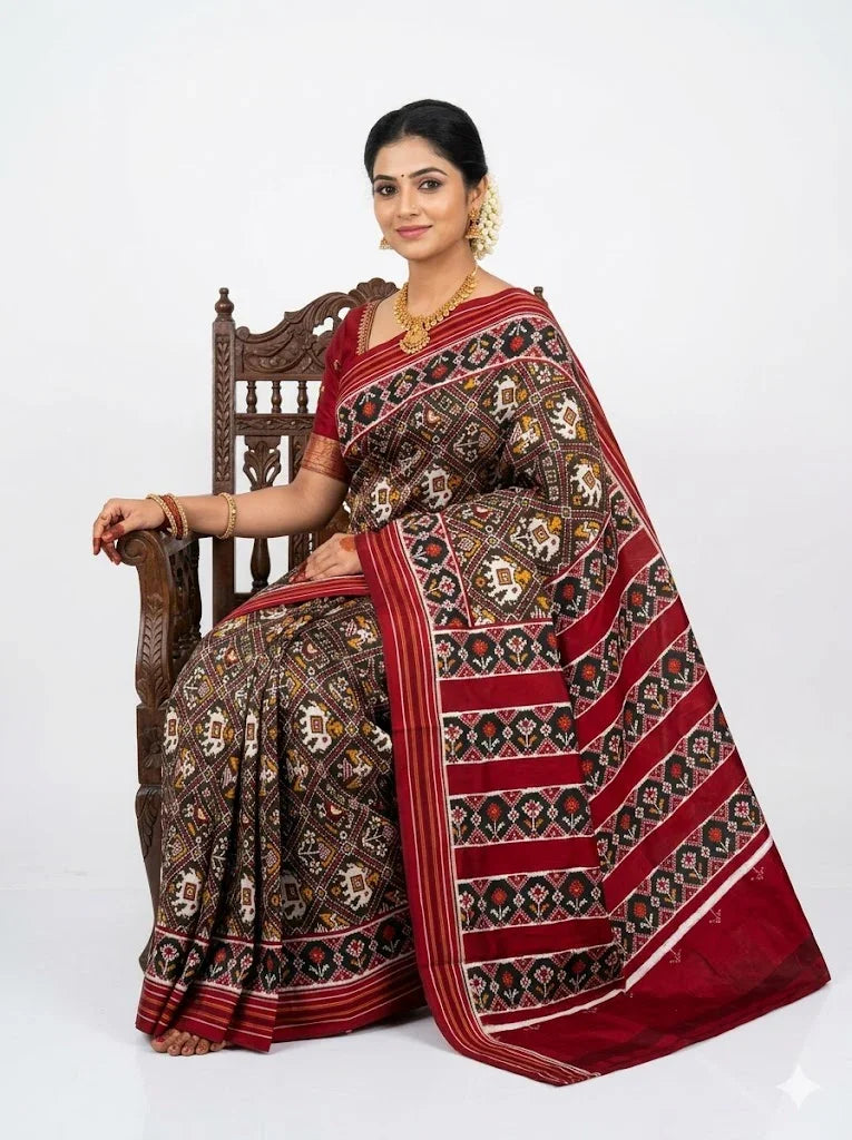 Pure Pochampally Double Patola Silk Saree - Black &amp; Red - pochampallysarees.com