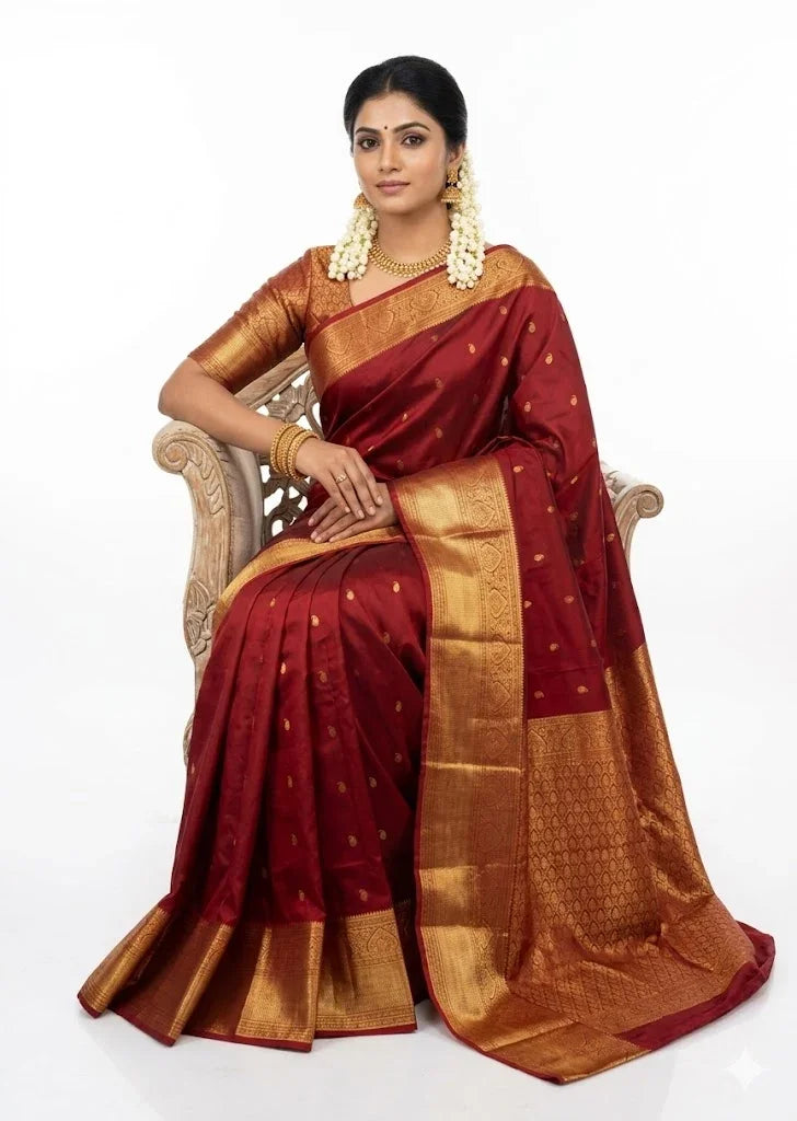 Stunning Maroon Silk Dharmavaram Saree with Elaborate Gold Zari Border - pochampallysarees.com