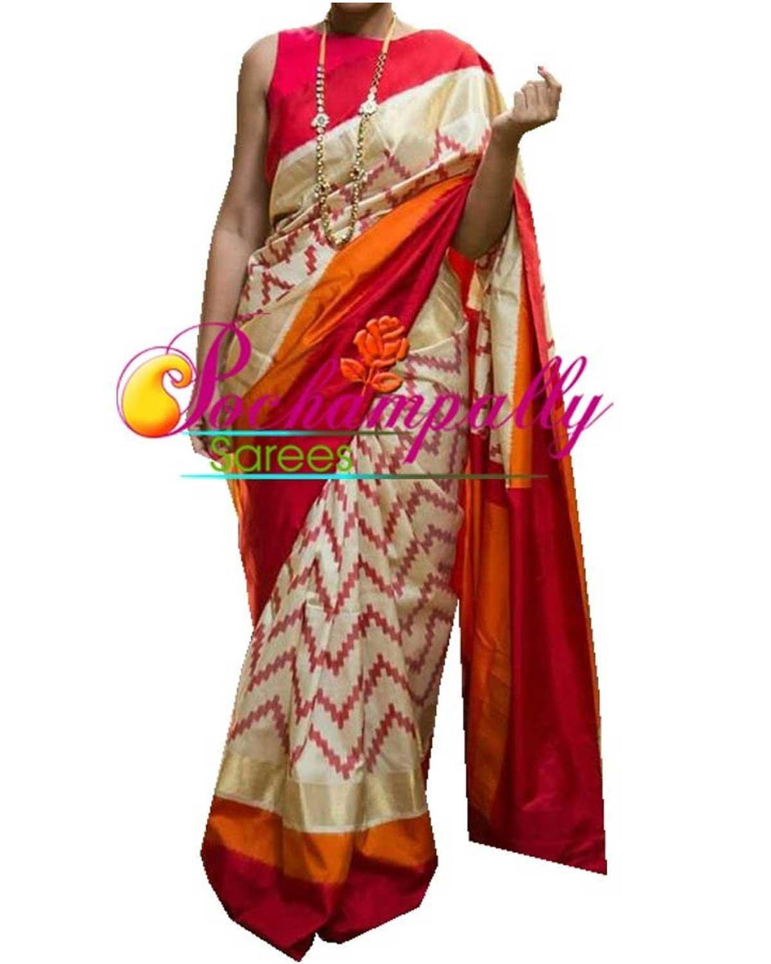 FASHION WOMEN IKAT SILK DESINGER CREAM COLOR SARI - pochampallysarees.com