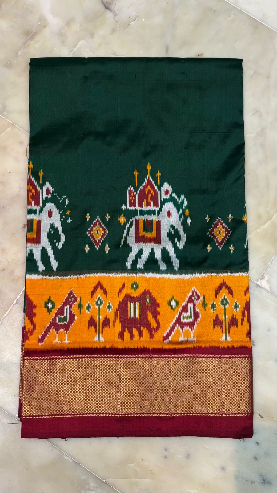 Bottle Green &amp; Maroon Pochampally Ikkat Silk Saree