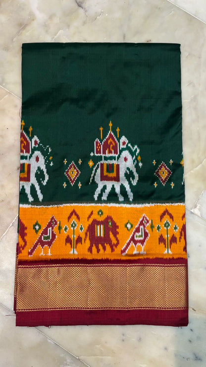 Bottle Green &amp; Maroon Pochampally Ikkat Silk Saree