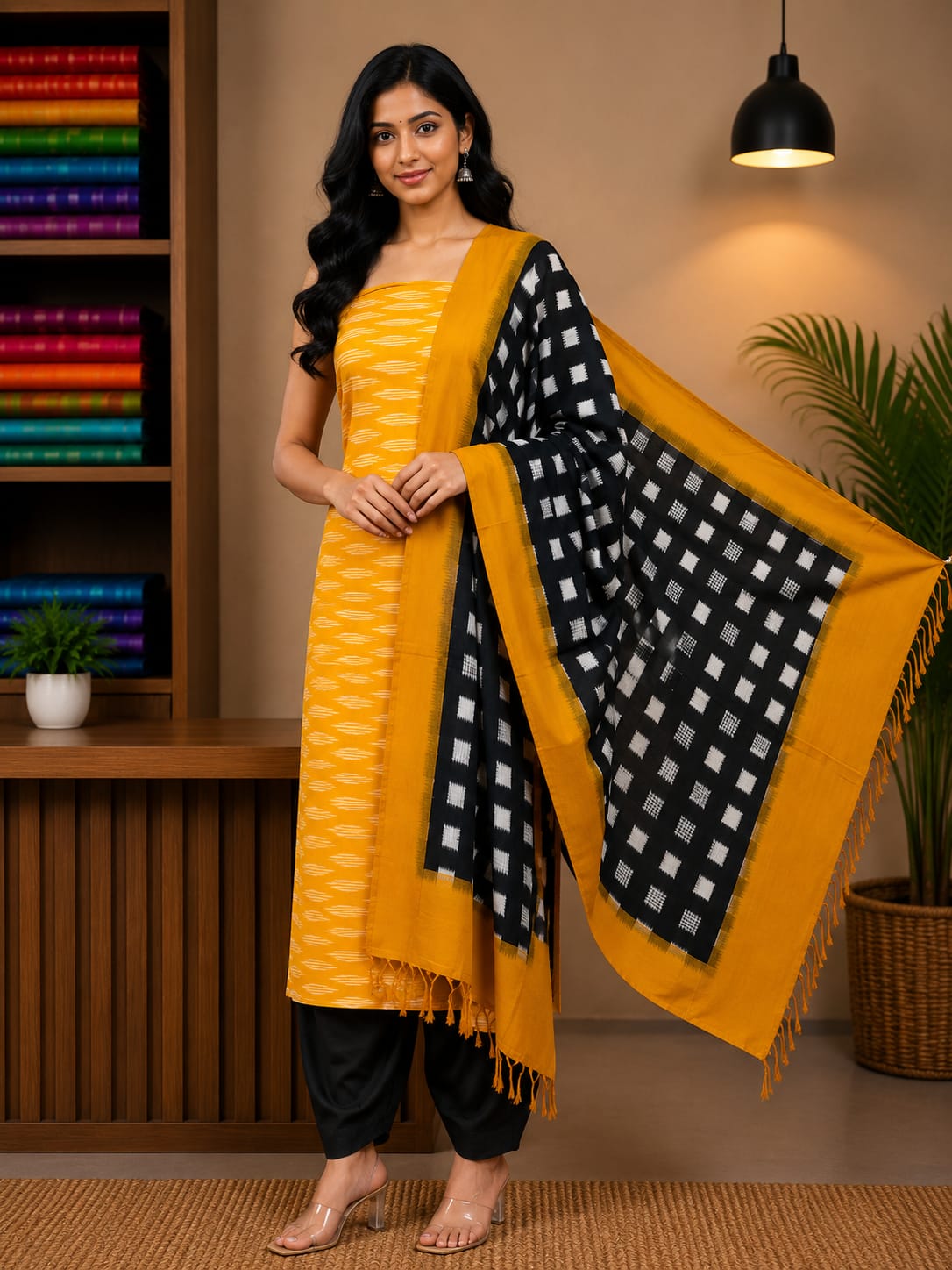 Mustard Yellow &amp; Jet Black Handloom Double Ikkat Cotton Dress Material Set with Monochrome Grid Dupatta-d37