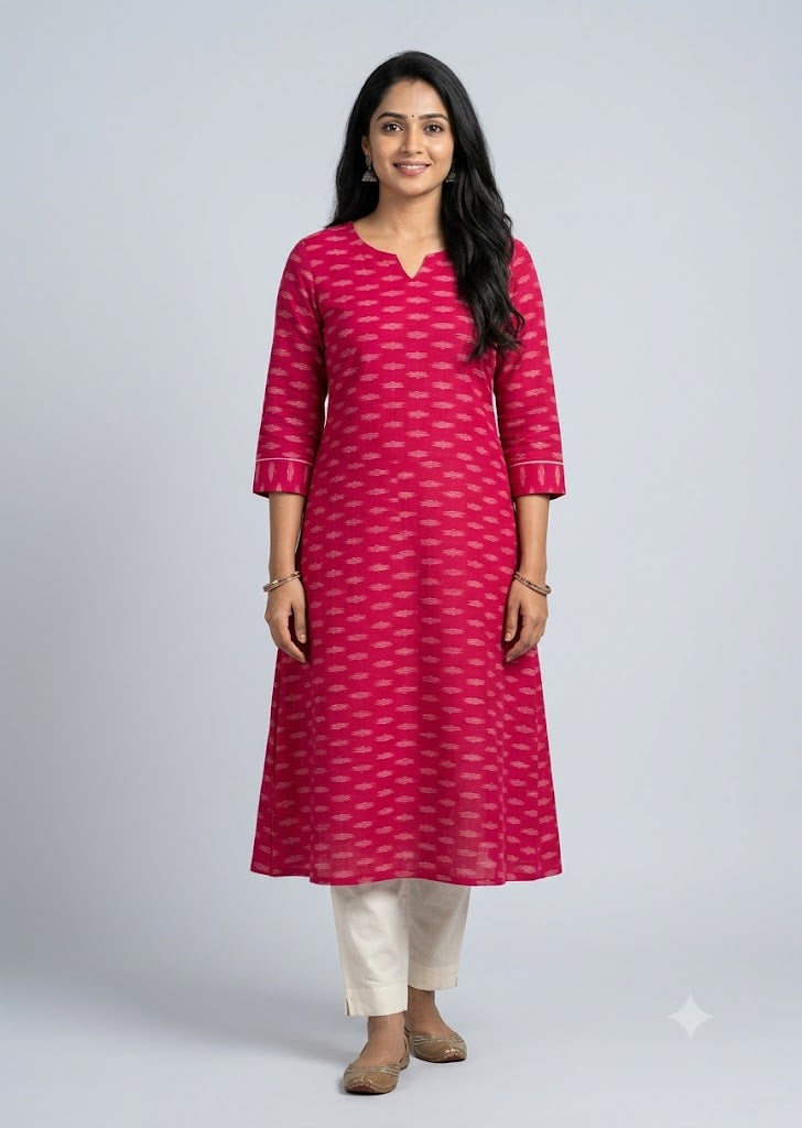 Vibrant Pinkish-Red Pochampally Ikat Cotton Fabric