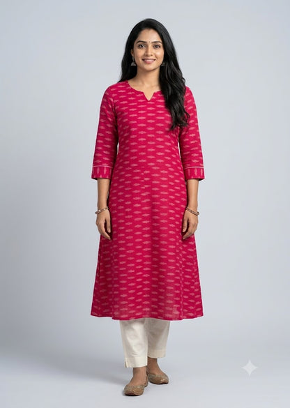 Vibrant Pinkish-Red Pochampally Ikat Cotton Fabric