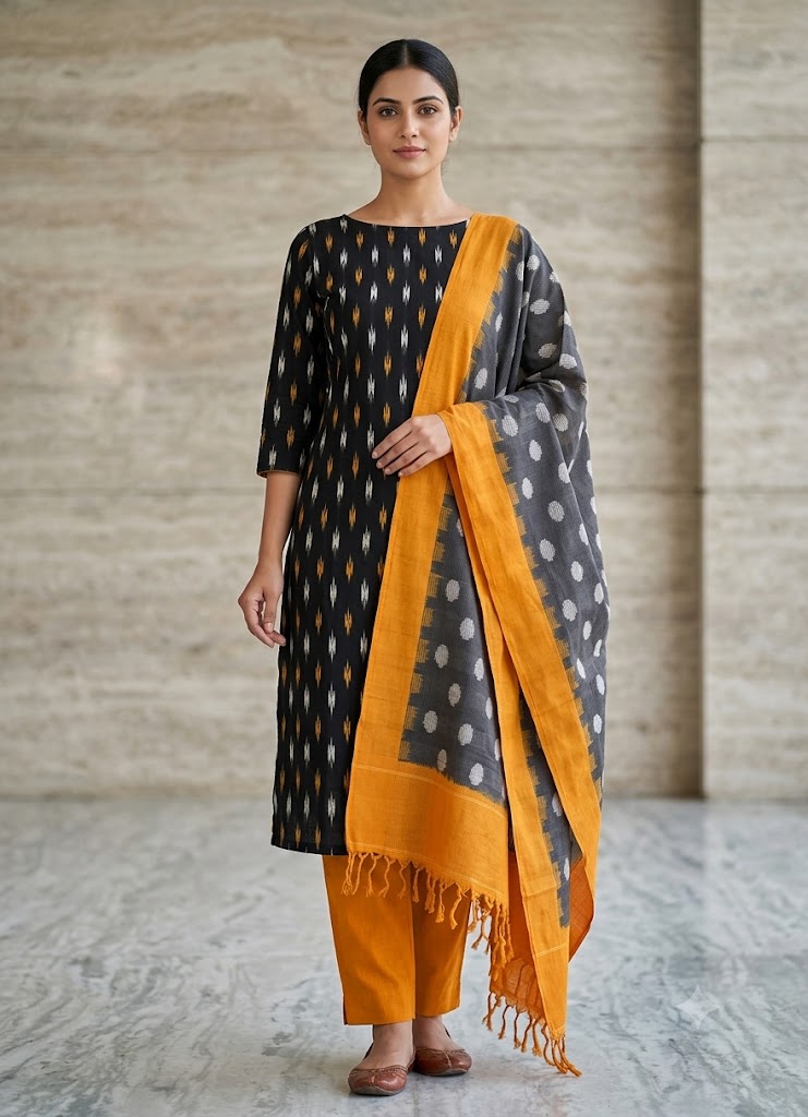 POCHAMPALLY DOUBLE IKAT COTTON BLACK WITH YELLOW COLOR DRESS MATERAL-A04