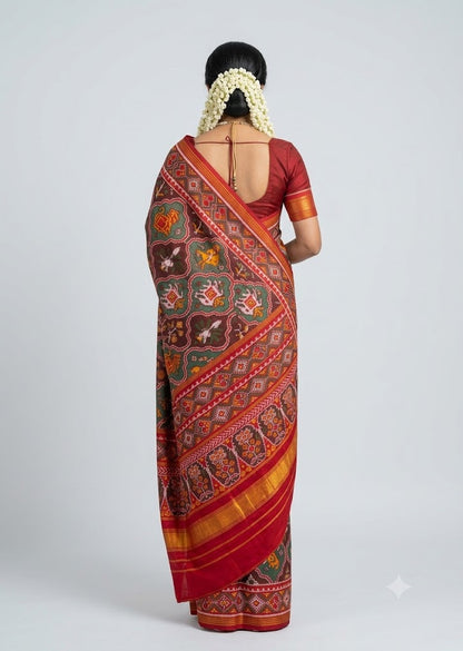 Authentic Maroon Pure Real Patola Silk Saree with Traditional Animal Motifs