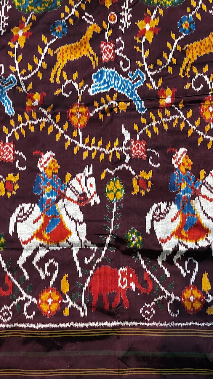 Traditional Deep Plum Ikkat Patola Silk Saree featuring Animal Motifs