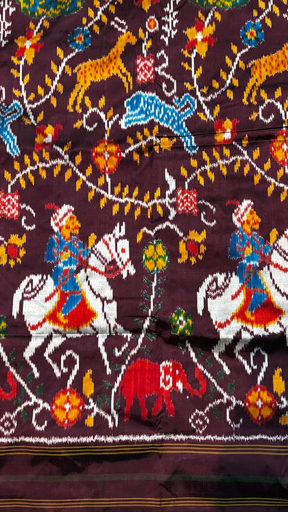 Traditional Deep Plum Ikkat Patola Silk Saree featuring Animal Motifs