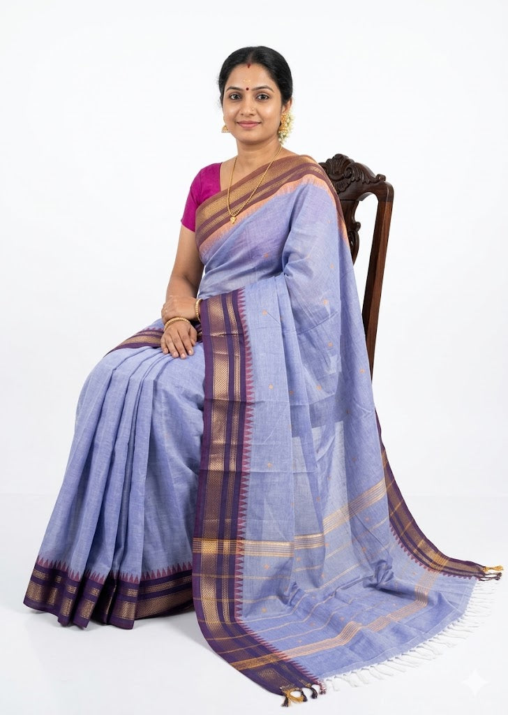 NARAYANPET COTTON SAREE SKY BLUE BUTTI BODY BUTTA GANGA JAMUNA BORDER
