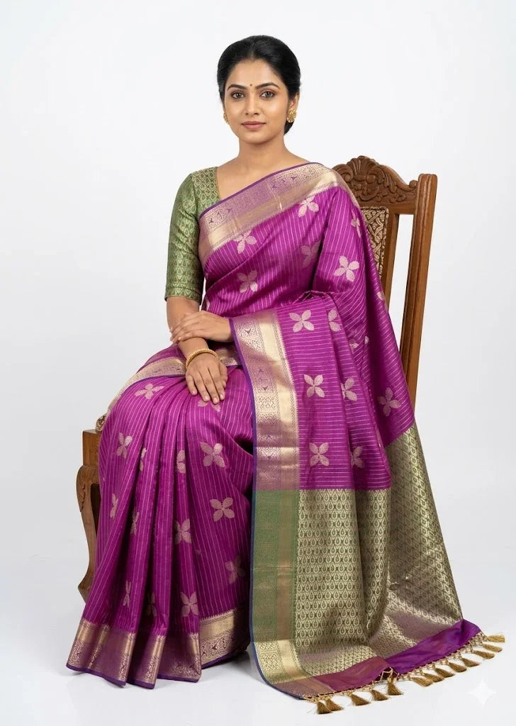Dharmavaram Pattu Elegant Magenta Purple Striped Silk Saree with Traditional Gold Zari Work - pochampallysarees.com