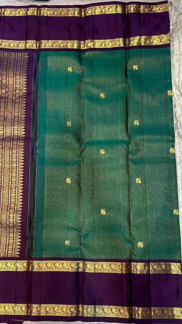 Teal Green and Purple Pure Kanchipuram Pattu Saree with Price Elephant Zari Pallu | Bridal Silk - pochampallysarees.com