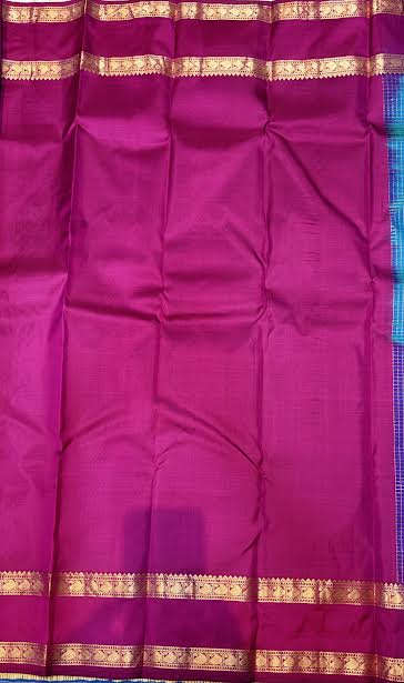 Authentic Peacock Blue &amp; Magenta Kanchipuram Pure Silk Saree