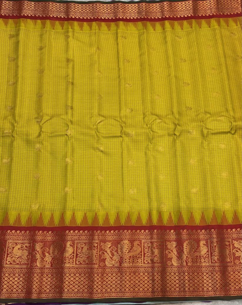 Pure Gadwal Silk Saree in Mustard Yellow Checks with Rich Red Zari Border - pochampallysarees.com
